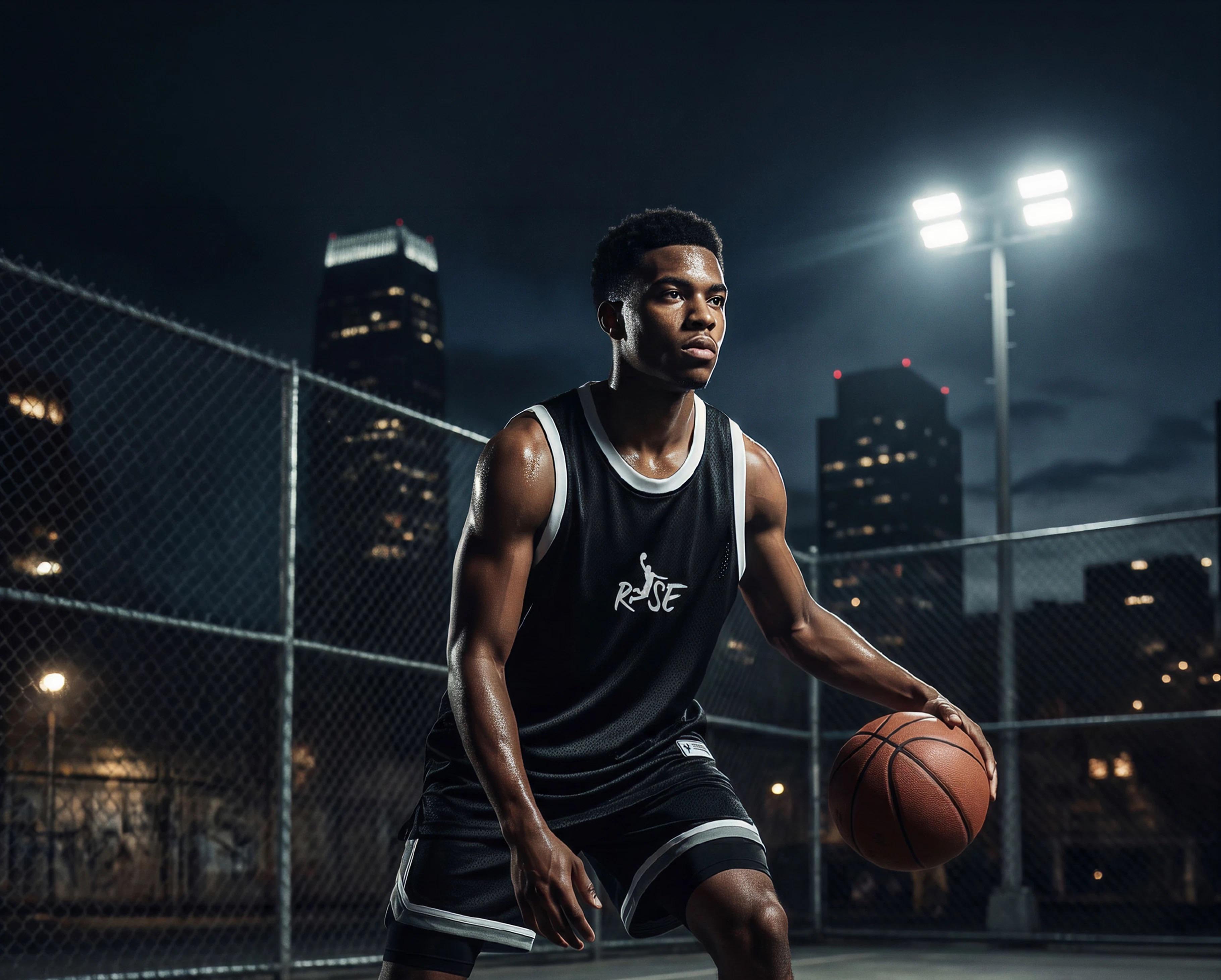 A RISE athlete dribbling a basketball on a floodlit outdoor court at night